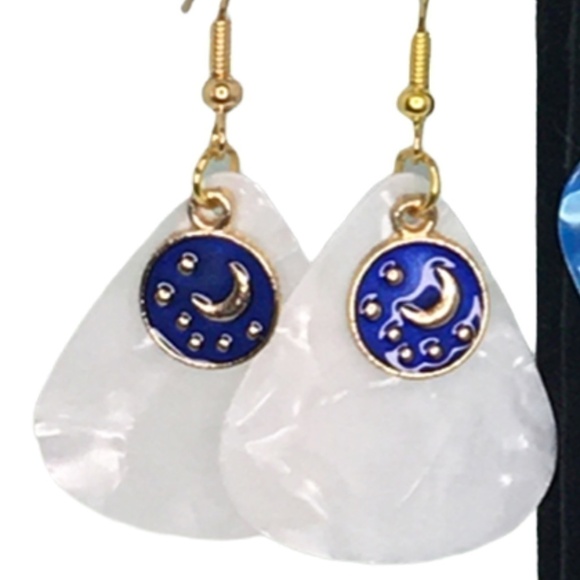 𝅺2 PAIR Earrings Recycled Guitar Picks Moon Stars Celestial Theme - Picture 3 of 5